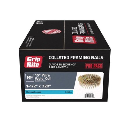 GRIP-RITE Collated Roofing Nail, 1-1/2 in L, 11 ga, Electro Galvanized, Round Head, 15 Degrees, 7200 PK GRCR4DGAL